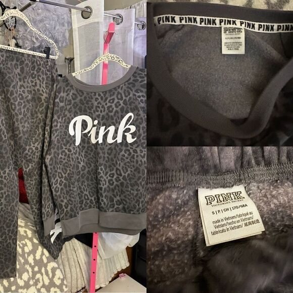 VS pink grey leopard knit sweatsuit set tracksuit- joggers & crewneck small - Picture 1 of 12